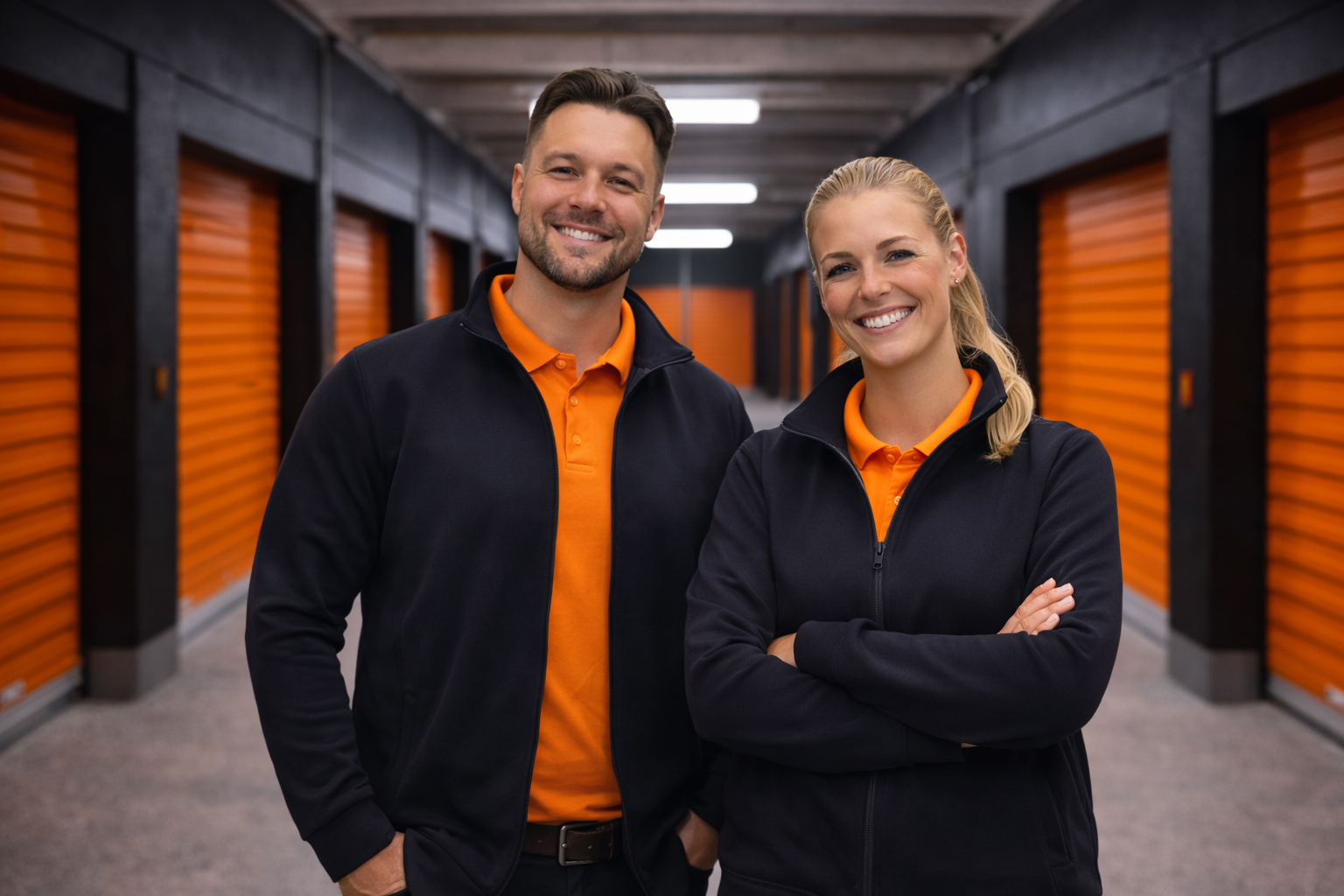 Personal står i förrådsgång med orange förrådsdörrar i bakgrunden
