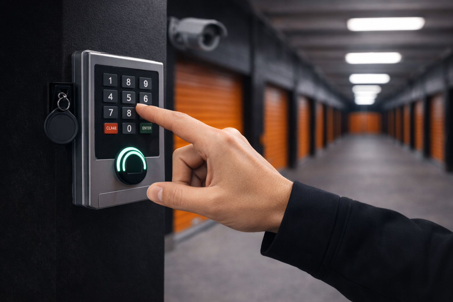 Person låser upp förråd med elektroniskt passersystem i säker anläggning