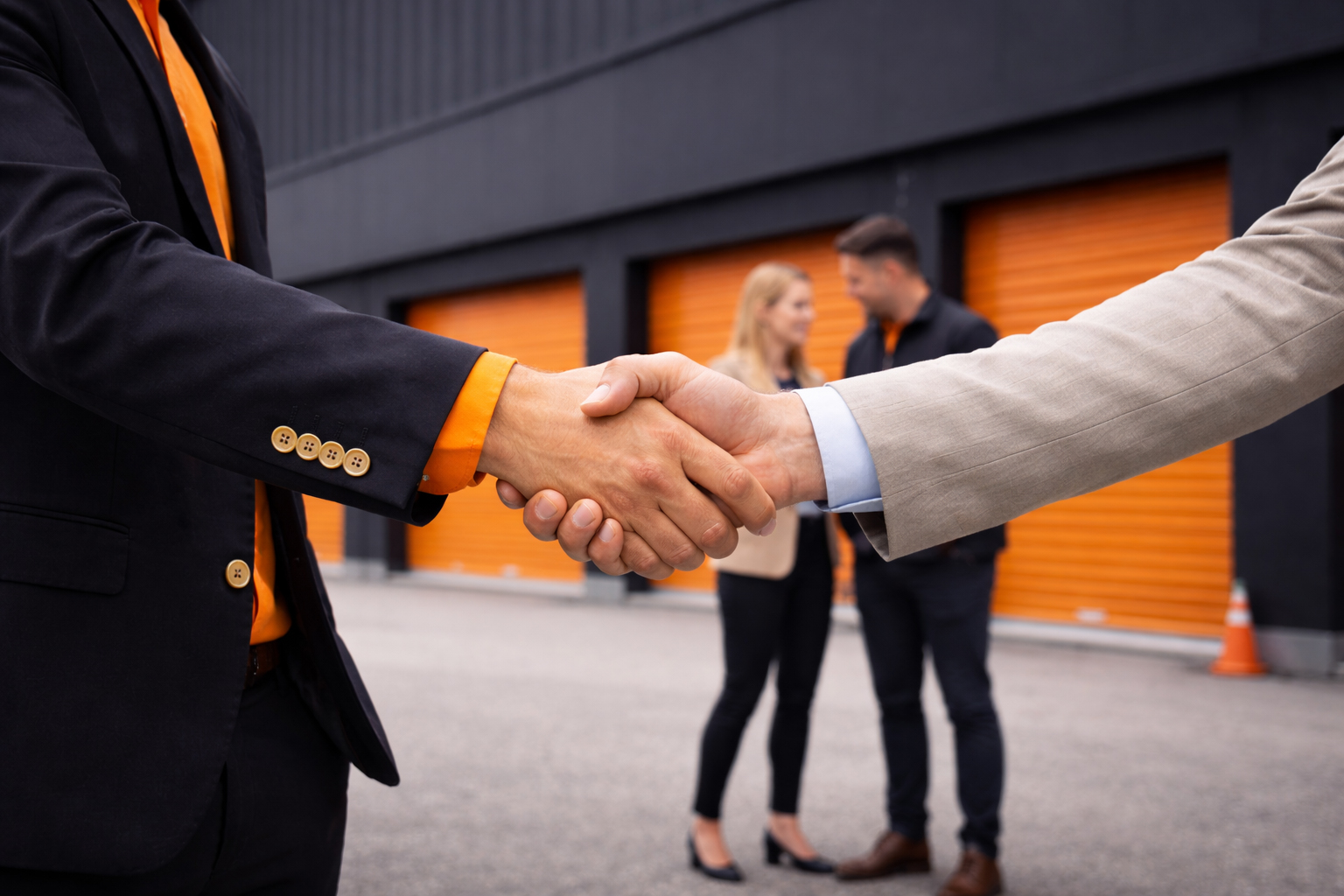 Två personer skakar hand framför moderna förråd med orange portar